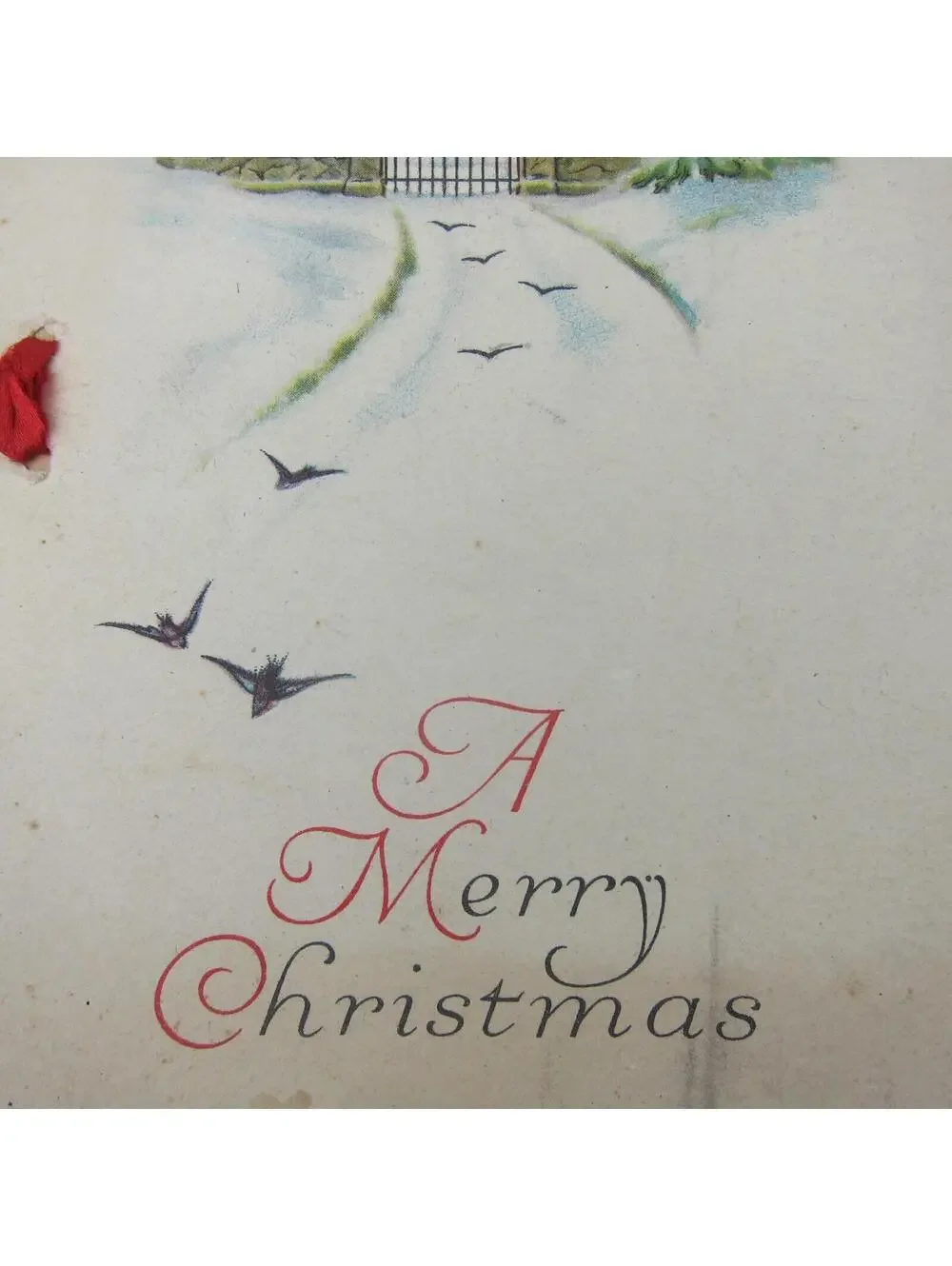 Antique Christmas Card Snowy House Trees Gate Road and Birds Flying Ribbon 1920s